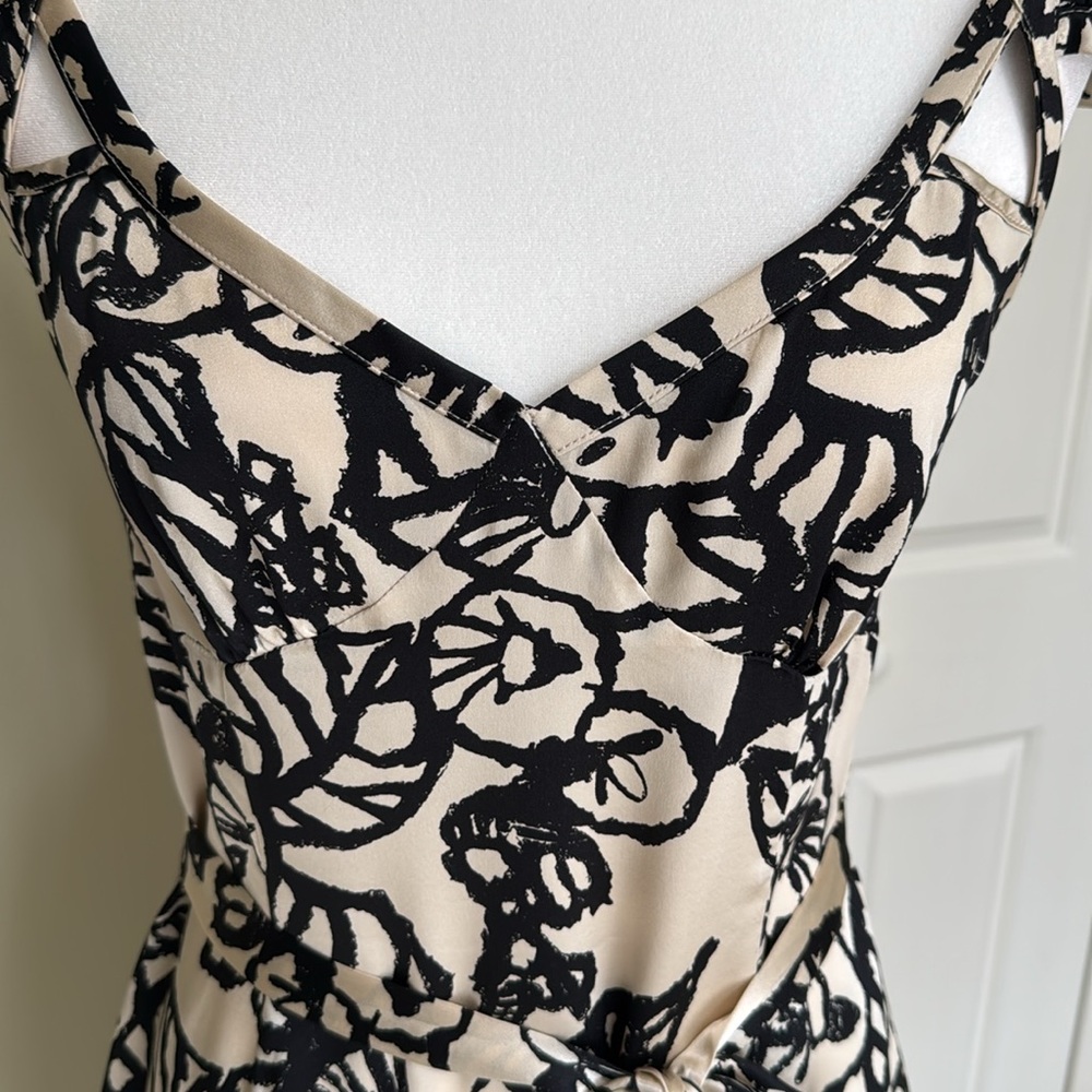Tracy Reese 100% Silk Black Ivory Belted Drop Waist Midi Dress 8 - Picture 10 of 16